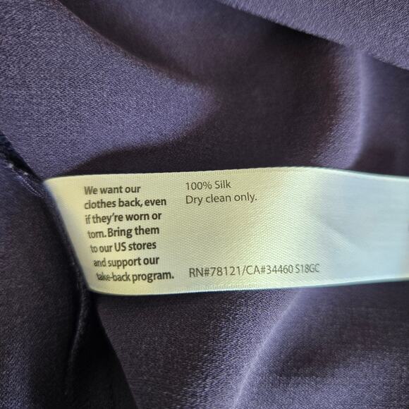 Eileen Fisher Silk Georgette Crepe Blouse Navy Salt Lake Piped Women Large - Picture 12 of 12